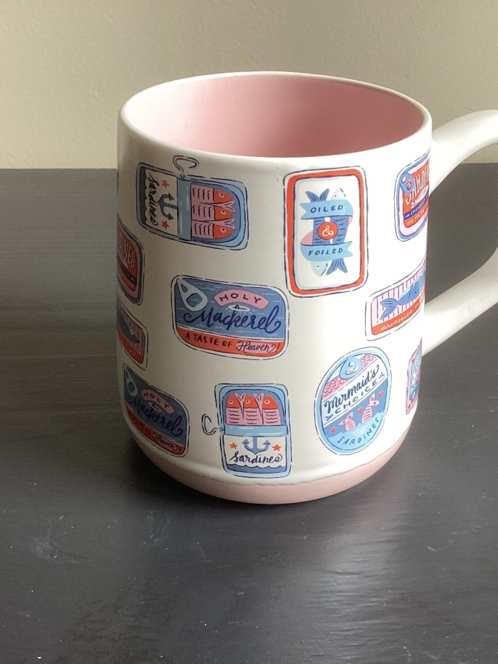 NWOT Fig & Fern Ceramic Tinned Fish Sardines Coffee Mug Pink Interior